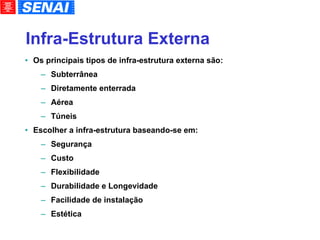 Infra-Estrutura Externa Os principais tipos de infra-estrutura externa são: Subterrânea Diretamente enterrada Aérea Túneis Escolher a infra-estrutura baseando-se em: Segurança Custo Flexibilidade Durabilidade e Longevidade Facilidade de instalação Estética 