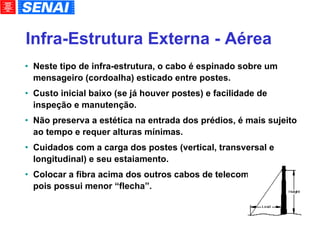 Infra-Estrutura Externa - Aérea Neste tipo de infra-estrutura, o cabo é espinado sobre um mensageiro (cordoalha) esticado entre postes. Custo inicial baixo (se já houver postes) e facilidade de inspeção e manutenção. Não preserva a estética na entrada dos prédios, é mais sujeito ao tempo e requer alturas mínimas. Cuidados com a carga dos postes (vertical, transversal e longitudinal) e seu estaiamento. Colocar a fibra acima dos outros cabos de telecomunicações, pois possui menor “flecha”. 
