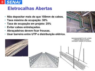 Eletrocalhas Abertas Não depositar mais do que 150mm de cabos. Taxa máxima de ocupação: 50% Taxa de ocupação em projeto: 25% Evitar cabos entrelaçados. Abraçadeiras devem ficar frouxas. Usar barreira entre UTP e distribuição elétrica. 