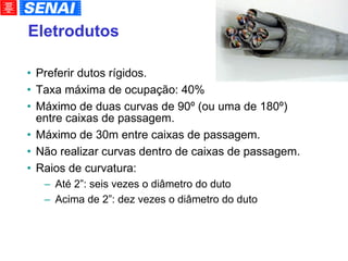 Eletrodutos Preferir dutos rígidos. Taxa máxima de ocupação: 40% Máximo de duas curvas de 90º (ou uma de 180º) entre caixas de passagem. Máximo de 30m entre caixas de passagem. Não realizar curvas dentro de caixas de passagem. Raios de curvatura: Até 2”: seis vezes o diâmetro do duto Acima de 2”: dez vezes o diâmetro do duto 