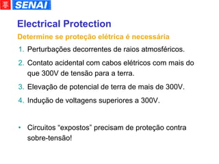 Electrical Protection Perturbações decorrentes de raios atmosféricos. Contato acidental com cabos elétricos com mais do que 300V de tensão para a terra. Elevação de potencial de terra de mais de 300V. Indução de voltagens superiores a 300V. Circuitos “expostos” precisam de proteção contra sobre-tensão! Determine se proteção elétrica é necessária 