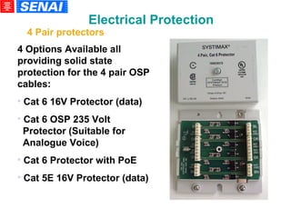 4 Options Available all providing solid state protection for the 4 pair OSP cables: Cat 6 16V Protector (data)‏ Cat 6 OSP 235 Volt   Protector (Suitable for   Analogue Voice)‏ Cat 6 Protector with PoE Cat 5E 16V Protector (data)‏ Electrical Protection 4 Pair protectors 