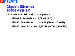 Gigabit Ethernet 1000BASE-SX Atenuação máxima do canal passivo: MM 62,5 - 160 MHz.km:  2,38 dB (TIA)‏ MM 50 - 500 MHz.km:    3,56 dB (TIA & ISO OM2)‏ MM 50 - laser 2 GHz.km: 3,56 dB a 600m (ISO OM3)‏ 