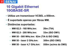 10 Gigabit Ethernet 10GBASE-SR Utiliza um transmissor VCSEL a 850nm. É suportado apenas por fibras MM. Distâncias suportadas: MM 62,5 - 160 MHz.km: 26m (TIA)‏ MM 62,5 - 200 MHz.km:  33m (ISO OM1)‏ MM 50 - 500 MHz.km:  82m (TIA & ISO OM2)‏ MM 50 - laser 2 GHz.km:  300m (ISO OM3)‏ MM 50 - laser 4,7 GHz.km: 550m (acima da OM3)‏ 