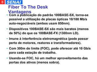 Fiber To The Desk Vantagens Com a publicação do padrão 100BASE-SX, torna-se possível a utilização de placas ópticas 10/100 Mb/s auto-negociáveis (ambos usam 850nm). Dispositivos 100BASE-SX são mais baratos (menos de 50%) do que os 100BASE-FX (1300nm LD). Imune à interferência eletromagnética (pode passar perto de motores, reatores e transformadores). Com 300m de limite (FOC), pode oferecer até 10 Gb/s para cada estação de trabalho. Usando-se FOC, há um melhor aproveitamento das portas dos ativos (menos sobra). 