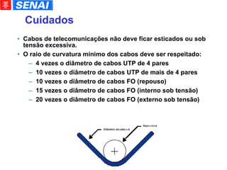 Cuidados Cabos de telecomunicações não deve ficar esticados ou sob tensão excessiva. O raio de curvatura mínimo dos cabos deve ser respeitado: 4 vezes o diâmetro de cabos UTP de 4 pares 10 vezes o diâmetro de cabos UTP de mais de 4 pares 10 vezes o diâmetro de cabos FO (repouso)‏ 15 vezes o diâmetro de cabos FO (interno sob tensão)‏ 20 vezes o diâmetro de cabos FO (externo sob tensão)‏ 