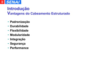 Introdução V antagens do Cabeamento Estruturado Padronização Durabilidade Flexibilidade Modularidade Integração Segurança Performance 