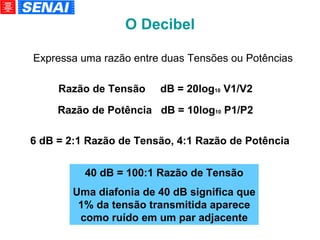 O Decibel Expressa uma razão entre duas Tensões ou Potências Razão de Tensão  dB = 20log 10  V1/V2  Razão de Potência  dB = 10log 10  P1/P2  6 dB = 2:1 Razão de Tensão, 4:1 Razão de Potência 40 dB = 100:1 Razão de Tensão Uma diafonia de 40 dB significa que 1% da tensão transmitida aparece como ruído em um par adjacente 