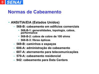 Normas de Cabeamento ANSI/TIA/EIA (Estados Unidos)‏ 568-B: cabeamento em edifícios comerciais 568-B-1: generalidades, topologia, cabos, performance 568-B-2: cabos de cobre de 100 ohms 568-B-3: fibras ópticas 569-B: caminhos e espaços 606-A: administração do cabeamento 607-A: aterramento para telecomunicações 570-A: cabeamento residencial 942: cabeamento para Data Centers 