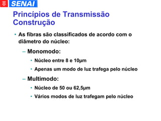 Princípios de Transmissão Construção As fibras são classificados de acordo com o diâmetro do núcleo: Monomodo:  Núcleo entre 8 e 10µm Apenas um modo de luz trafega pelo núcleo Multimodo:  Núcleo de 50 ou 62,5µm Vários modos de luz trafegam pelo núcleo 