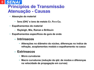 Princípios de Transmissão Atenuação - Causas Absorção do material Íons (OH) -  e íons de metais Cr, Fe e Cu. Espalhamentos do material Rayleigh, Mie, Raman e Brillouin Espalhamentos específicos do guia de onda Intrínsecos Alterações no diâmetro do núcleo, diferenças no índice de refração, acoplamentos modais e espalhamento na casca Extrínsecos Micro curvaturas Macro curvaturas (redução da qtd. de modos e diferenças na velocidade de propagação em curvas)‏ 