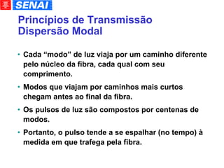 Princípios de Transmissão Dispersão Modal Cada “modo” de luz viaja por um caminho diferente pelo núcleo da fibra, cada qual com seu comprimento. Modos que viajam por caminhos mais curtos chegam antes ao final da fibra. Os pulsos de luz são compostos por centenas de modos. Portanto, o pulso tende a se espalhar (no tempo) à medida em que trafega pela fibra. 