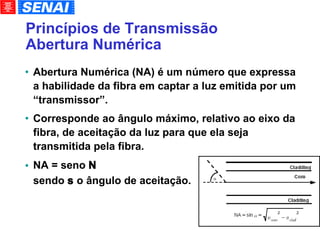 Princípios de Transmissão Abertura Numérica Abertura Numérica (NA) é um número que expressa a habilidade da fibra em captar a luz emitida por um “transmissor”. Corresponde ao ângulo máximo, relativo ao eixo da fibra, de aceitação da luz para que ela seja transmitida pela fibra. NA = seno   sendo    o ângulo de aceitação. 