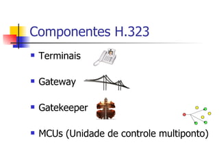 Componentes H.323 Terminais Gateway Gatekeeper MCUs (Unidade de controle multiponto) 