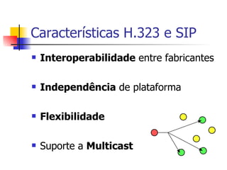 Características H.323 e SIP Interoperabilidade  entre fabricantes Independência  de plataforma Flexibilidade Suporte a  Multicast 