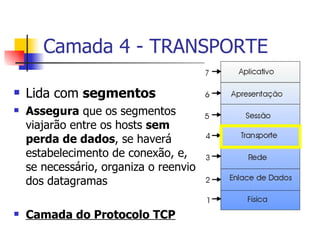 Camada 4 - TRANSPORTE Lida com  segmentos Assegura  que os segmentos viajarão entre os hosts  sem perda de dados , se haverá estabelecimento de conexão, e, se necessário, organiza o reenvio dos datagramas Camada do Protocolo TCP 
