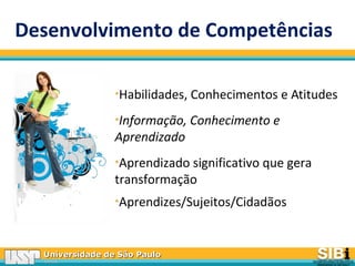 Universidade de São PauloUniversidade de São Paulo
BRASILBRASIL
Desenvolvimento de Competências
•Habilidades, Conhecimentos e Atitudes
•Informação, Conhecimento e
Aprendizado
•Aprendizado significativo que gera
transformação
•Aprendizes/Sujeitos/Cidadãos
 