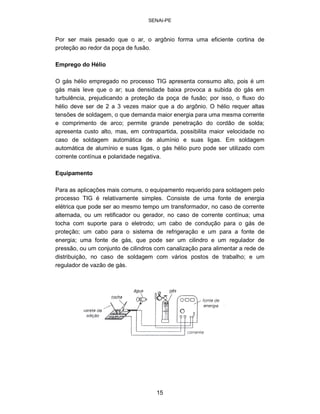 SENAI-PE 
Por ser mais pesado que o ar, o argônio forma uma eficiente cortina de 
proteção ao redor da poça de fusão. 
Emprego do Hélio 
O gás hélio empregado no processo TIG apresenta consumo alto, pois é um gás mais leve que o ar; sua densidade baixa provoca a subida do gás em turbulência, prejudicando a proteção da poça de fusão; por isso, o fluxo do hélio deve ser de 2 a 3 vezes maior que a do argônio. O hélio requer altas tensões de soldagem, o que demanda maior energia para uma mesma corrente e comprimento de arco; permite grande penetração do cordão de solda; apresenta custo alto, mas, em contrapartida, possibilita maior velocidade no caso de soldagem automática de alumínio e suas ligas. Em soldagem automática de alumínio e suas ligas, o gás hélio puro pode ser utilizado com corrente contínua e polaridade negativa. 
Equipamento 
Para as aplicações mais comuns, o equipamento requerido para soldagem pelo processo TIG é relativamente simples. Consiste de uma fonte de energia elétrica que pode ser ao mesmo tempo um transformador, no caso de corrente alternada, ou um retificador ou gerador, no caso de corrente contínua; uma tocha com suporte para o eletrodo; um cabo de condução para o gás de proteção; um cabo para o sistema de refrigeração e um para a fonte de energia; uma fonte de gás, que pode ser um cilindro e um regulador de pressão, ou um conjunto de cilindros com canalização para alimentar a rede de distribuição, no caso de soldagem com vários postos de trabalho; e um regulador de vazão de gás. 
15 
 