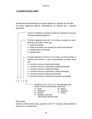 SENAI-PE 
CLASSIFICAÇÃO ABNT 
Os eletrodos são identificados por quatro algarismos, seguidos de uma letra. Os quatro algarismos básicos, identificadores de eletrodo têm o seguinte significado: 
Limite de resistência à tração da solda em quilograma força por 
milímetro quadrado (Kgf/mm2). 
O terceiro algarismo varia de 1 a 4 e indica a posição em que o 
eletrodo pode soldar, sendo que: 
1 -todas as posições; 
2 -todas as posições com exceção da vertical descendente; 
3 -posição plana e horizontal; 
4 -posição plana. 
O quarto algarismo varia de 0 a 5 e indica, ao mesmo tempo, a 
natureza da corrente e o grau de penetração da solda, sendo 
que: 
0 – corrente contínua e grande penetração; 
1 – corrente contínua ou alternada e grande penetração; 
2 – corrente contínua e média penetração; 
3 – corrente contínua ou alternada e média penetração; 
4 – corrente contínua e pequena penetração; 
5 – corrente contínua ou alternada e pequena penetração. 
4 8 1 2-B 
As letras A, B, C, O, R, T e V são utilizadas para indicar o tipo de revestimento, sendo que: 
A – Ácido 
B – Básico 
C – Celulósico 
O – Oxidante 
R – Rutílico 
T – Titânio 
V – Qualquer outro não 
mencionado anteriormente 
Observação: 
Quando à direita destas letras, aparecer a letra “F” é porque existe adição de 
pó de ferro no revestimento. 
23 
 