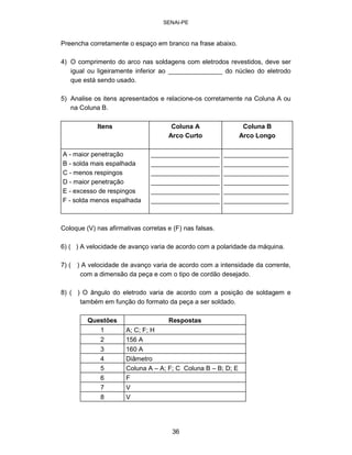 SENAI-PE 
Preencha corretamente o espaço em branco na frase abaixo. 
4) O comprimento do arco nas soldagens com eletrodos revestidos, deve ser igual ou ligeiramente inferior ao _______________ do núcleo do eletrodo que está sendo usado. 
5) Analise os itens apresentados e relacione-os corretamente na Coluna A ou na Coluna B. 
Itens 
Coluna A Arco Curto 
Coluna B Arco Longo 
A -maior penetração B -solda mais espalhada C -menos respingos D -maior penetração E -excesso de respingos F -solda menos espalhada 
___________________ ___________________ ___________________ ___________________ ___________________ ___________________ 
__________________ __________________ __________________ __________________ __________________ __________________ 
Coloque (V) nas afirmativas corretas e (F) nas falsas. 
6) ( ) A velocidade de avanço varia de acordo com a polaridade da máquina. 
7) ( ) A velocidade de avanço varia de acordo com a intensidade da corrente, com a dimensão da peça e com o tipo de cordão desejado. 
8) ( ) O ângulo do eletrodo varia de acordo com a posição de soldagem e também em função do formato da peça a ser soldado. 
Questões 
Respostas 
1 
A; C; F; H 
2 
156 A 
3 
160 A 
4 
Diâmetro 
5 
Coluna A – A; F; C Coluna B – B; D; E 
6 
F 
7 
V 
8 
V 
36 
 