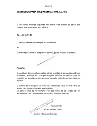 SENAI-PE 
ELETRODOS PARA SOLDAGEM MANUAL A ARCO 
É uma vareta metálica preparada para servir como material de adição nos processos de soldagem a arco voltaico. 
Tipos de Eletrodo 
O eletrodo pode ser de dois tipos: nu ou revestido. 
Nu 
É uma simples vareta de composição definida, pouco utilizada atualmente. 
Revestido 
É constituído de um núcleo metálico (alma), revestido de compostos orgânicos 
e minerais, ferro-liga, etc., com porcentagens definidas. O eletrodo pode ser 
revestido por extrusão ou simplesmente banhado, podendo ser fino, médio ou 
espesso. 
O material do núcleo pode ser ferroso ou não ferroso e sua escolha é feita de 
acordo com o material da peça a ser soldada. 
Os componentes do revestimento vem sob forma de pó, unidos por um 
aglomerante “cola”, normalmente silicato de potássio ou de sódio. 
R 
evestimento Núcleo metálico (alma) Extremo não revestido (pega) 
37 
 