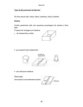 SENAI-PE 
Tipos de Revestimento do Eletrodo 
Os mais comuns são: rutílico, básico, celulósico, ácido e oxidante. 
Rutílico 
Contém geralmente rutilo com pequenas porcentagens de celulose e ferroligas. 
É usado com vantagens em trabalhos: 
• 
de chaparia fina e média. 
• 
que requerem bom acabamento. 
C 
ordão de acabamento 
• 
com estruturas metálicas. 
Observação: 
Sua escória é auto-destacável quando 
E 
scória 
38 
 