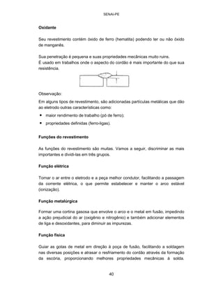 SENAI-PE 
Oxidante 
Seu revestimento contém óxido de ferro (hematita) podendo ter ou não óxido 
de manganês. 
Sua penetração é pequena e suas propriedades mecânicas muito ruins. 
É usado em trabalhos onde o aspecto do cordão é mais importante do que sua 
resistência. 
Observação: 
Em alguns tipos de revestimento, são adicionadas partículas metálicas que dão ao eletrodo outras características como: 
• 
maior rendimento de trabalho (pó de ferro); 
• 
propriedades definidas (ferro-ligas). 
Funções do revestimento 
As funções do revestimento são muitas. Vamos a seguir, discriminar as mais importantes e dividi-las em três grupos. 
Função elétrica 
Tornar o ar entre o eletrodo e a peça melhor condutor, facilitando a passagem da corrente elétrica, o que permite estabelecer e manter o arco estável (ionização). 
Função metalúrgica 
Formar uma cortina gasosa que envolve o arco e o metal em fusão, impedindo a ação prejudicial do ar (oxigênio e nitrogênio) e também adicionar elementos de liga e desoxidantes, para diminuir as impurezas. 
Função física 
Guiar as gotas de metal em direção à poça de fusão, facilitando a soldagem nas diversas posições e atrasar o resfriamento do cordão através da formação da escória, proporcionando melhores propriedades mecânicas à solda. 
40 
 
