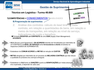 Gestão de Suprimentos
Técnico em Logística - Turma 49.669
Docente: Expedito Silva SIGA-ME em http://pt.slideshare.net/expeditogsilva
7)COMPETÊNCIAS = CONHECIMENTOS + HABILIDADES
B.Programação de suprimentos
2. Análise dos contratos: cálculo do lead time de cada
contrato, em relação a quantidades de bens, em relação a
meios de transportes, em relação ao nível de serviço;
Indicadores de custo x benefício
Principais DESAFIOS um CONTRATO de uma SCM (Supply Chain Management)
EFICIENTE:
• SLA (Service Level Agreement) - OS ACORDOS deverão ser formalizados por intermédio de
um CONTRATO de NÍVEL DE SERVIÇO entre fornecedores e cliente envolvidos na
respectiva CADEIA DE SUPRIMENTOS.
• Estabelecer de COMUM ACORDO as METAS de redução de CUSTOS
• METAS atingidas por intermédio de um processo de MELHORIA CONTÍNUA que não reduza
a qualidade do produtos e/ou serviços entregues
• Estabelecer no SLA tanto as SANÇÕES quanto as BONIFICAÇÕES por metas alcançadas
e/ou superadas, a depender de cada caso.
1MAGALHÃES, André. Gestão da Cadeia de Suprimentos/Eduardo Magalhães… [et al.]. RJ: Editora FGV, 2013
 