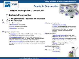Gestão de Suprimentos
Técnico em Logística - Turma 49.669
Docente: Expedito Silva SIGA-ME em http://pt.slideshare.net/expeditogsilva
7) Conteúdo Programático
i. Fundamentos Técnicos e Científicos
C.Controle de Suprimentos
1.Indicadores de resultados
2.Controle dos fornecedores: de matéria-prima,
componentes comprados,materiais de consumo,
dos prestadores de serviços, dos serviços
prestados, índice de retorno aceitável de
produtos.
D.Gestão de Estoque
1.Administração de estoque: curva ABC, FIFO,
LIFO, FEFO; Codificação; Cálculos de demanda
2.Regras de organização: conforme a localização,
conforme a classificação dos materiais pela curva
ABC
3.Estoque de segurança; Estoque mínimo;
Ponto de ressuprimento
E.Oficina de HABILIDADES I
1.Case “Ói Êle”
F.Dinâmica de Conhecimentos
1.Ludo Sapiens
I. Conhecimentos
A.Planejamento de Suprimentos
1.Fundamentos de planejamento
2.Fluxo de processo de suprimentos
3.Indicadores de suprimentos
B.Programação de suprimentos
1. Estratégias: tipos de contratos, identificação do nível de serviço,
contratação de serviços, apoio de áreas correlatas;
2.Análise dos contratos: cálculo do lead time de cada contrato, em
relação a quantidades de bens, em relação a meios de transportes, em
relação ao nível de serviço; Indicadores de custo x benefício
3.Análise das necessidades: lead time das atividades, política de estoque
da empresa, demanda dos diversos tipos de materiais, demanda de bens
e serviços
 