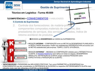Gestão de Suprimentos
Técnico em Logística - Turma 49.669
Docente: Expedito Silva SIGA-ME em http://pt.slideshare.net/expeditogsilva
7)COMPETÊNCIAS = CONHECIMENTOS + HABILIDADES
C.Controle de Suprimentos
2. Controle dos fornecedores: de matéria-prima,
componentes comprados,materiais de consumo, dos
prestadores de serviços, dos serviços prestados, índice de
retorno aceitável de produtos.
MEDIDAS de DESEMPENHO da CADEIA de SUPRIMENTOS:
• MEDIÇÃO INTERNA - COMPARAÇÃO entre as METAS de DESEMPENHO PLANEJADO e
os RESULTADOS alcançados. Podem ser estabelecidos DIFERENTES KPIs de acordo com
as METAS estabelecidas pela empresa: TEMPO, CUSTO, EFICIÊNCIA,..
• MEDIÇÃO EXTERNA1 - MEDIDAS de COMPARAÇÃO voltadas para o PERS[ECTIVA do
CLIENTE: O PEDIDO PERFEITO (sem falhas em todas as etapas), DESEMPENHO
ABSOLUTO; SATISFAÇÃO do CLIENTE (exige cuidadosa PESQUISA sobre
EXPECTATIVAS e PERCEPÇÃO do CLIENTE)
• 1BENCHMARKING - PARADIGMA das MELHORES PRÁTICAS: Tem como PARÂMETRO os DESEMPENHO dos
CONCORRENTES que são considerados um REFERENCIA de SUCESSO no respectivo SETOR/SEGMENTO.Os KPIs mais
utilizados neste caso são referentes a CUSTOS e a QUALIDADE.
 