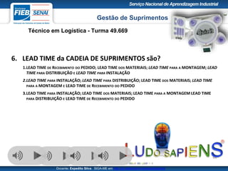 Gestão de Suprimentos
Técnico em Logística - Turma 49.669
Docente: Expedito Silva SIGA-ME em http://pt.slideshare.net/expeditogsilva
44
6. LEAD TIME da CADEIA DE SUPRIMENTOS são?
1.LEAD TIME DE RECEBIMENTO DO PEDIDO; LEAD TIME DOS MATERIAIS; LEAD TIME PARA A MONTAGEM; LEAD
TIME PARA DISTRIBUIÇÃO E LEAD TIME PARA INSTALAÇÃO
2.LEAD TIME PARA INSTALAÇÃO; LEAD TIME PARA DISTRIBUIÇÃO; LEAD TIME DOS MATERIAIS; LEAD TIME
PARA A MONTAGEM E LEAD TIME DE RECEBIMENTO DO PEDIDO
3.LEAD TIME PARA INSTALAÇÃO; LEAD TIME DOS MATERIAIS; LEAD TIME PARA A MONTAGEM LEAD TIME
PARA DISTRIBUIÇÃO E LEAD TIME DE RECEBIMENTO DO PEDIDO
 