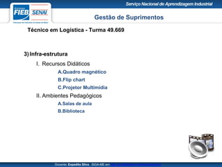Gestão de Suprimentos
Técnico em Logística - Turma 49.669
Docente: Expedito Silva SIGA-ME em http://pt.slideshare.net/expeditogsilva
3) Infra-estrutura
I. Recursos Didáticos
A.Quadro magnético
B.Flip chart
C.Projetor Multimídia
II. Ambientes Pedagógicos
A.Salas de aula
B.Biblioteca
 