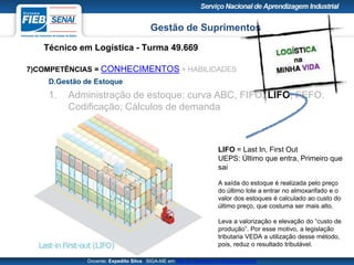 Gestão de Suprimentos
Técnico em Logística - Turma 49.669
Docente: Expedito Silva SIGA-ME em http://pt.slideshare.net/expeditogsilva
7)COMPETÊNCIAS = CONHECIMENTOS + HABILIDADES
D.Gestão de Estoque
1. Administração de estoque: curva ABC, FIFO, LIFO, FEFO;
Codificação; Cálculos de demanda
LIFO = Last In, First Out
UEPS: Último que entra, Primeiro que
sai
A saída do estoque é realizada pelo preço
do último lote a entrar no almoxarifado e o
valor dos estoques é calculado ao custo do
último preço, que costuma ser mais alto.
Leva a valorização e elevação do “custo de
produção”. Por esse motivo, a legislação
tributaria VEDA a utilização desse método,
pois, reduz o resultado tributável.
 