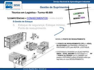 Gestão de Suprimentos
Técnico em Logística - Turma 49.669
Docente: Expedito Silva SIGA-ME em http://pt.slideshare.net/expeditogsilva
MODELO PONTO DE RESSUPRIMENTO:
• O PONTO DE RESSUPRIMENTO (PP) é o NÍVEL
DE ESTOQUE que DISPARA o PEDIDO do
PROÓXIMO LOTE para REPOR o ESTOQUE.
• O ESTOQUE é DIVIDIDO em DUAS PARTES:
QMAX = NíVEL MÁXIMO de ESTOQUE e o PP
= PONTO do PEDIDO que é o MÍNIMO que
poderá o ESTOQUE poderá ATINGIR antes que
seja feito um novo RESSUPRIMENTO.
7)COMPETÊNCIAS = CONHECIMENTOS + HABILIDADES
D.Gestão de Estoque
3. Estoque de segurança; Estoque mínimo;
Ponto de ressuprimento
 
