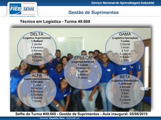 Gestão de Suprimentos
Técnico em Logística - Turma 49.669
Docente: Expedito Silva SIGA-ME em http://pt.slideshare.net/expeditogsilva
Selfie da Turma #49.669 - Gestão de Suprimentos - Aula inaugural: 05/08/2015
ALFA
(Logística Movimentações)
1.Tainara
2.José
3.Everton
4.Monique
5.Rafaela
6.Gabriel
7.Nívea
DELTA
(Logística Suprimentos)
1.Nalbert
2.Jenifer
3.Vanessa
4.Renata
5.Gisele
6.Pedro
7.Luana
GAMA
(Logística Operações)
1.Laisa
2.Daniel
3.Airan
4.Yuri
5.Juliana
6.Karen
7.Vitor
BETA
(Logística Distribuição)
1.Jeferson
2.Adriele
3.Anely
4.Ítalo
5.João
6.Juliane
7.Aine
ÉPSILON
(Logística Reversa)
1.Lucas
2.Fernanda
3.Jamile
4.Mateus
5.Jardel
 