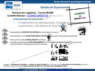 Gestão de Suprimentos
Técnico em Logística - Turma 49.669
Docente: Expedito Silva SIGA-ME em http://pt.slideshare.net/expeditogsilva
7)COMPETÊNCIAS = CONHECIMENTOS + HABILIDADES
A.Planejamento de Suprimentos
1. Fundamentos de planejamento, Fluxo do processo de
suprimentos, Indicadores de Suprimentos
• Necessidade de RESPOSTAS RÁPIDAS às demandas do consumo
• Necessidade de uma ESTRUTURA MAIS FLEXÍVEL para atender a velocidade das demandas
• Novo cenário criado GLOBALIZAÇÃO econômica
• Importância adquirida pelo RELACIONAMENTO com a CADEIA DE ABASTECIMENTO*, para tornar
possível atender a demanda por produtos e serviços.
*Conceito1: ORGANIZAÇÃO EM REDE ou CADEIA DE ABASTECIMENTO é o nome que se dá ao PROCESSO DE INTEGRAÇÃO de todos os
envolvidos na gestão do produto, DESDE A MATÉRIA-PRIMA ATÉ A ENTREGA AO CONSUMIDOR FINAL.
1MAGALHÃES, André. Gestão da Cadeia de Suprimentos/Eduardo Magalhães… [et al.]. RJ: Editora FGV, 2013
 