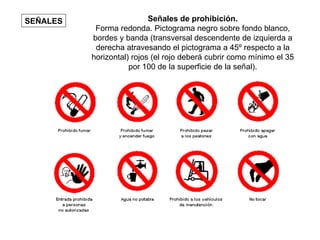 SEÑALES Señales de prohibición. Forma redonda. Pictograma negro sobre fondo blanco, bordes y banda (transversal descendente de izquierda a derecha atravesando el pictograma a 45º respecto a la horizontal) rojos (el rojo deberá cubrir como mínimo el 35 por 100 de la superficie de la señal). 