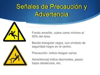 Fondo amarillo, cubre como mínimo el
50% del área.
Banda triangular negra, con símbolo de
seguridad negro en el centro.
Precaución: indica riesgos varios
Advertencia[ indica desniveles, pasos
bajos obstáculos, etc.
Señales de Precaución y
Advertencia
Señales de Precaución y
Advertencia
 