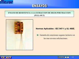 ENSAYO DE RESISTENCIA A LA EXTRACCION DE HILOS POR TRACCIONENSAYO DE RESISTENCIA A LA EXTRACCION DE HILOS POR TRACCION
(PULL(PULL--OUT)OUT)
Normas Aplicables : IEC 947-1 y UL 486E.
Garantía de conexiones seguras inclusive en
las mas severas solicitaciones.
11--55Botones
 
