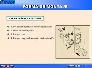ENCAJES RENCAJES RÁÁPIDOS Y PRECISOSPIDOS Y PRECISOS
1. Posicionar frontal del botón o señalizador.
2. Girar anillo de fijación.
3. Encajar brida.
4. Encajar bloques de contacto y/o iluminación.
11--22Botones
 