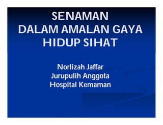 SENAMAN
DALAM AMALAN GAYA
   HIDUP SIHAT

      Norlizah Jaffar
    Jurupulih Anggota
    Hospital Kemaman
 
