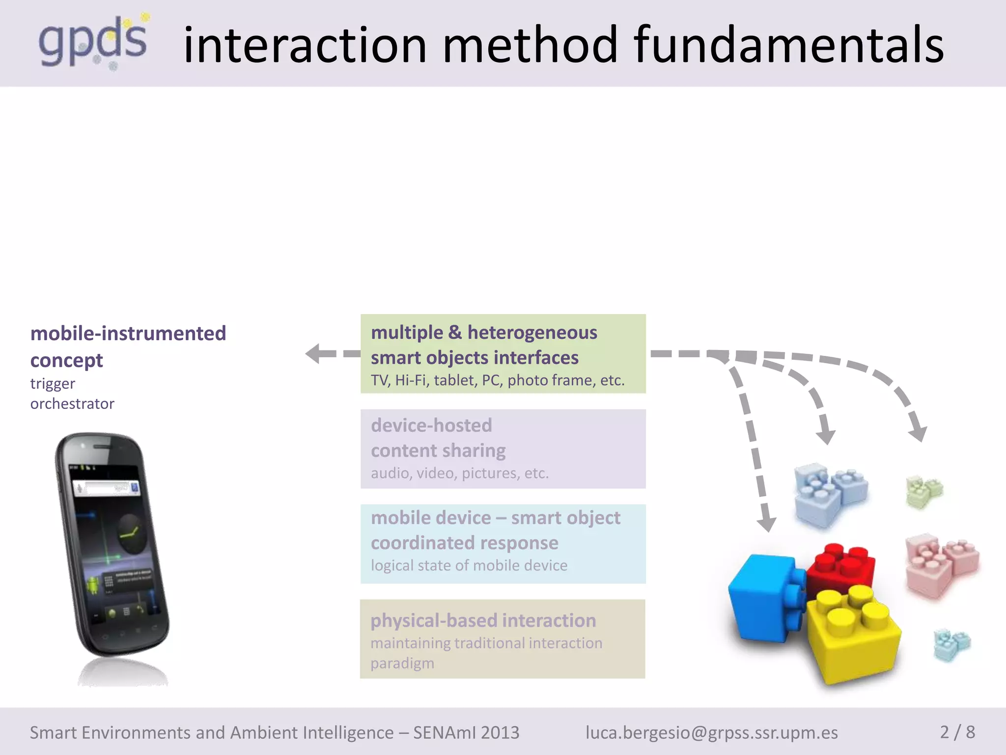 interaction method fundamentals



mobile-instrumented                    multiple & heterogeneous
concept                                smart objects interfaces
trigger                                TV, Hi-Fi, tablet, PC, photo frame, etc.
orchestrator
                                       device-hosted
                                       content sharing
                                       audio, video, pictures, etc.

                                       mobile device – smart object
                                       coordinated response
                                       logical state of mobile device


                                       physical-based interaction
                                       maintaining traditional interaction
                                       paradigm



Smart Environments and Ambient Intelligence – SENAmI 2013               luca.bergesio@grpss.ssr.upm.es   2/8
 