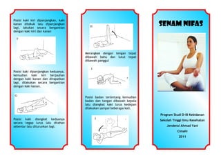 Posisi kaki kiri
kanan ditekuk
lagi, lakukan
dengan kaki kiri

dipanjangkan, kaki
lalu dipanjangkan
secara bergantian
dan kanan

SENAM NIFAS

H

F

Merangkak dengan tengan tepat
dibawah bahu dan lutut tepat
dibawah panggul
Posisi kaki dipanjangkan keduanya,
kemudian kaki kiri berjauhan
dengan kaki kanan dan dirapatkan
lagi, dilakukan secara bergantian
dengan kaki kanan.
G

I

Posisi badan terlentang kemudian
badan dan tangan dibawah kepala
lalu diangkat kaki lurus kedepan
dilakukan sampai beberapa kali.
Program Studi D-III Kebidanan

Posisi kaki diangkat keduanya
secara tegap lurus lalu ditahan
sebentar lalu diturunkan lagi.

J

Sekolah Tinggi Ilmu Kesehatan
Jenderal Ahmad Yani
Cimahi
2011

 