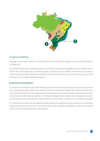 Cadastro Ambiental Rural | Módulo 2 11
7. MATA ATLÂNTICA
Abrange a costa leste, sudeste e sul do Brasil, bem como o leste do Paraguai e a província de Misiones,
na Argentina.
É um grande centro de criação de espécies e sua fauna é composta principalmente por anfíbios, mamí-
feros e aves. Sua vegetação é bastante variada, indo desde campos abertos até florestas chuvosas. A
biodiversidade da Mata Atlântica é semelhante à da Floresta Amazônica, o que faz com que seja uma
das mais ricas em biodiversidade de plantas.
8. MATA DE ARAUCÁRIAS
É um bioma encontrado em altitudes elevadas que recebe chuva durante todo o ano e que, como o nome
diz, é caracterizada pela presença de árvores araucárias. Abrange os estados do Paraná, de Santa Cata-
rina e do Rio Grande do Sul. Sua vegetação é composta de árvores frutíferas, além das araucárias e apre-
senta conjuntos diferentes de espécies conforme a localização. Nas regiões menos elevadas, por exem-
plo, apresenta muitas espécies com origem no Brasil central e leste, indicando um corredor de migração.
É um dos biomas mais ricos em relação à biodiversidade de espécies animais, contando com indivíduos
próprios dos ecossistemas, raros, ameaçados de extinção, espécies migratórias, caças e de interesse
econômico da Floresta Atlântica e dos pampas.
7
8
 