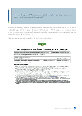Cadastro Ambiental Rural | Módulo 2 53
O número de registro no CAR que consta no Recibo de Inscrição é o que comprova o envio do ca-
dastro e confirma que seu imóvel consta no CAR.
O Recibo de Inscrição do CAR é um documento com validade para atender ao Art. 29 da Lei no
12.651/2012, que fala da obrigação de fazer o CAR; e atender ao Art. 78-A, da mesma Lei, que estabele-
ce o prazo de cinco anos para que não seja mais permitido conceder crédito agrícola àqueles que não
fizerem a inscrição do imóvel no CAR.
Veja nas imagens a seguir os detalhes de um Recibo de Inscrição.
 