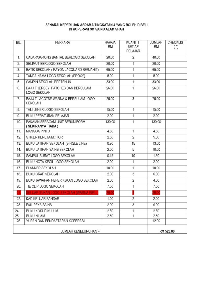 Senarai Barang Asrama F4