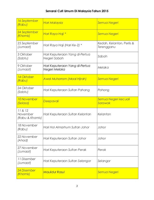 Senarai Cuti Umum Di Malaysia Tahun 2015