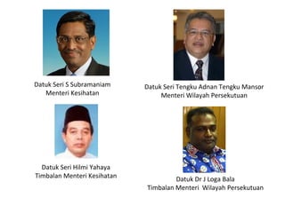 Datuk Seri S Subramaniam
Menteri Kesihatan
Datuk Seri Hilmi Yahaya
Timbalan Menteri Kesihatan
Datuk Seri Tengku Adnan Tengku Mansor
Menteri Wilayah Persekutuan
Datuk Dr J Loga Bala
Timbalan Menteri Wilayah Persekutuan
 