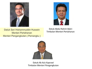 Datuk Seri Hishammuddin Hussein
Menteri Pertahanan
Menteri Pengangkutan ( Pemangku )
Datuk Abdul Rahim Bakri
Timbalan Menteri Pertahanan
Datuk Ab Aziz Kaprawi
Timbalan Menteri Pengangkutan
 