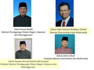 Datuk Hasan Malek
Menteri Perdagangan Dalam Negeri, Koperasi
dan Kepenggunaan
 Datuk Paduka Ahmad Bashah Md Hanipah
Timbalan Menteri Perdagangan Dalam Negeri, Koperasi dan
Kepenggunaan
Datuk Seri Ahmad Shabery Cheek
Menteri Komunikasi dan Multimedia
Datuk Jailani Johari
Timbalan Menteri Komunikasi dan Multimedia
 